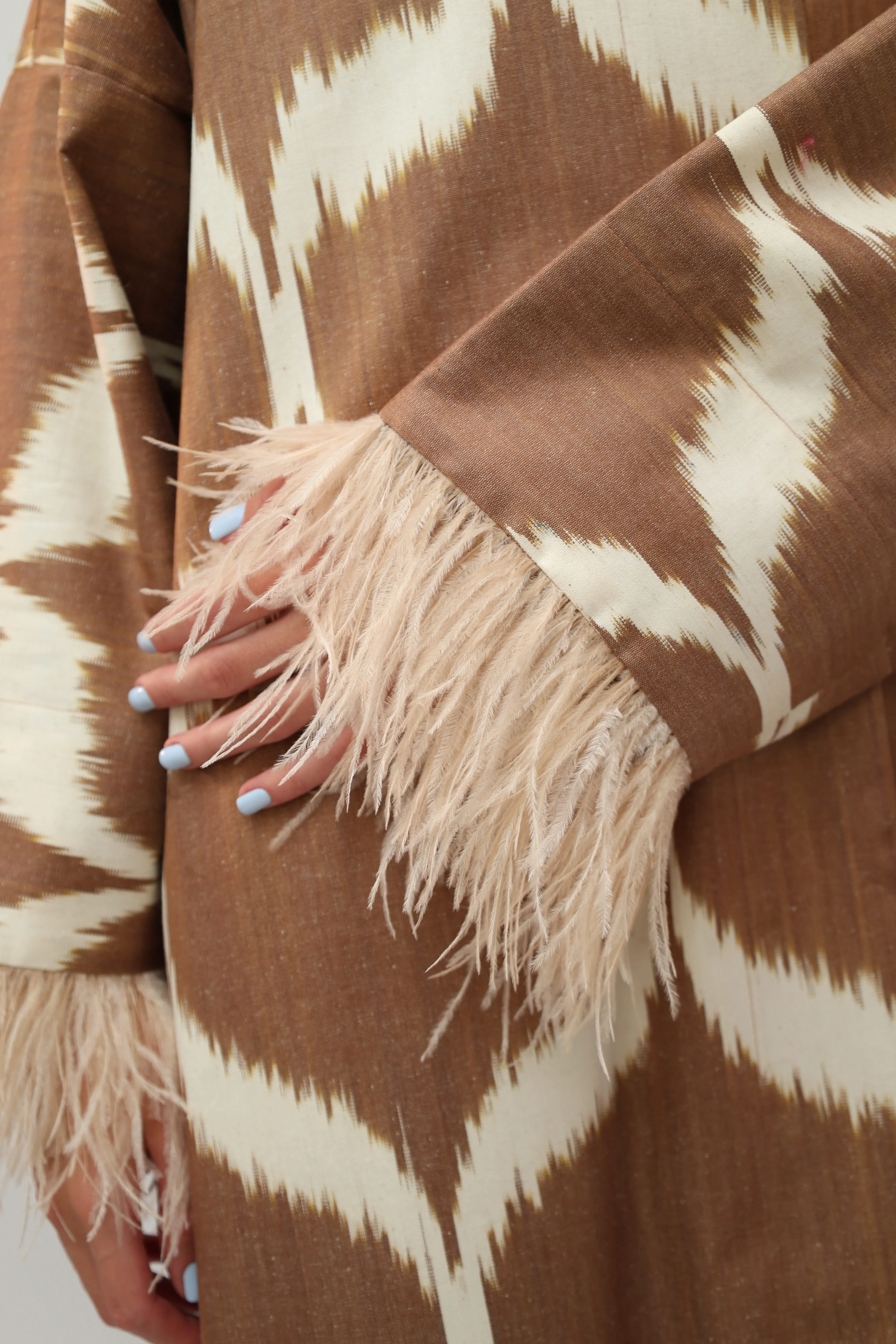100% Cotton Brown Maxi Kimono With Feathers
