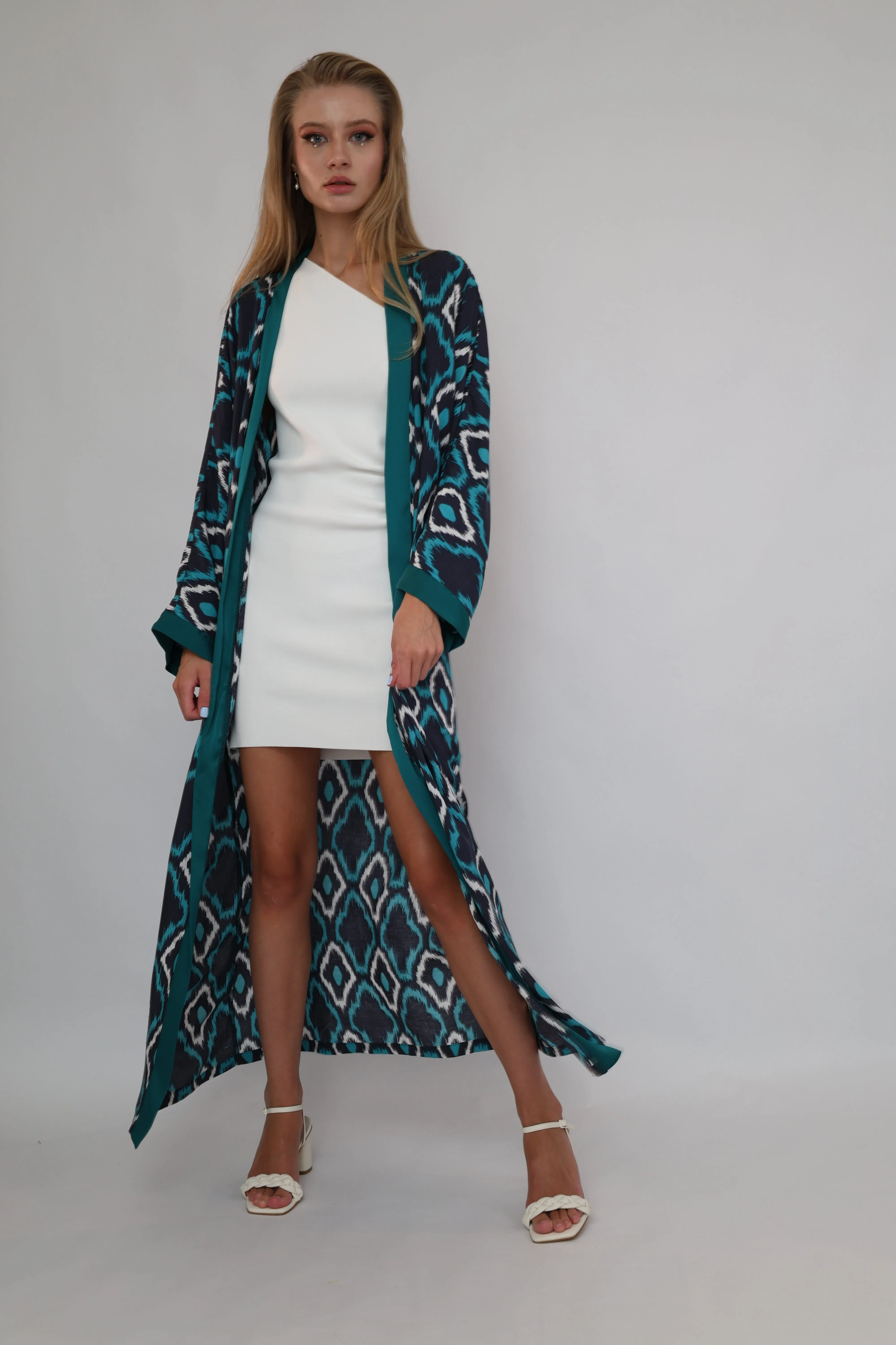 100% Cotton Printed Ikat Green Lightweight Kimono "Lagoon Breeze"
