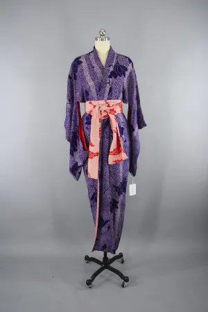 1930s Vintage Silk Kimono Robe / Art Deco Purple Shibori Print