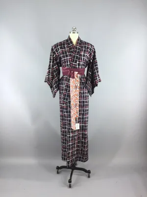 1930s Vintage Silk Kimono Robe / Black Peach Plaid Ikat