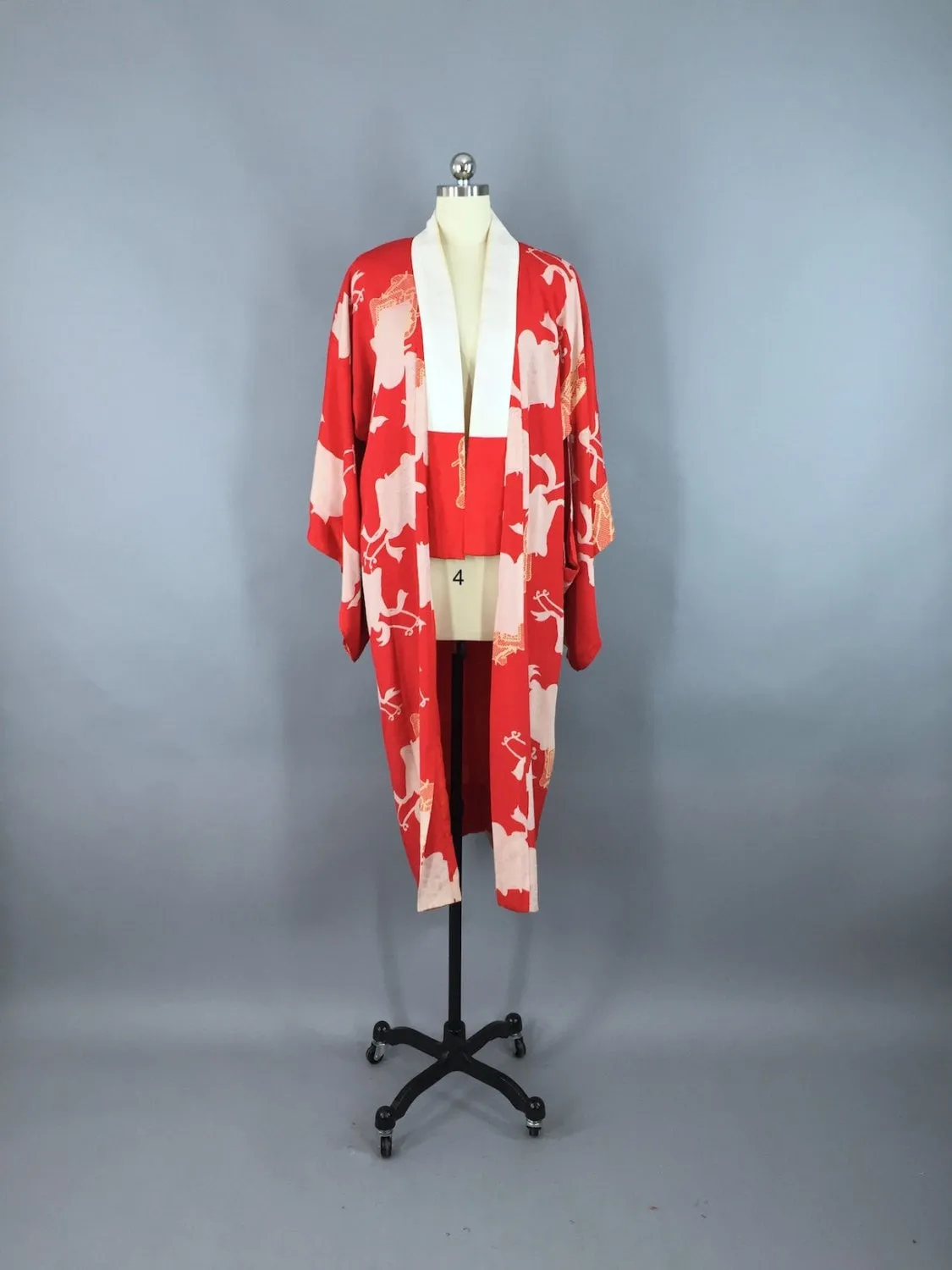 1930s Vintage Silk Kimono Robe / Red Wagon Novelty Print