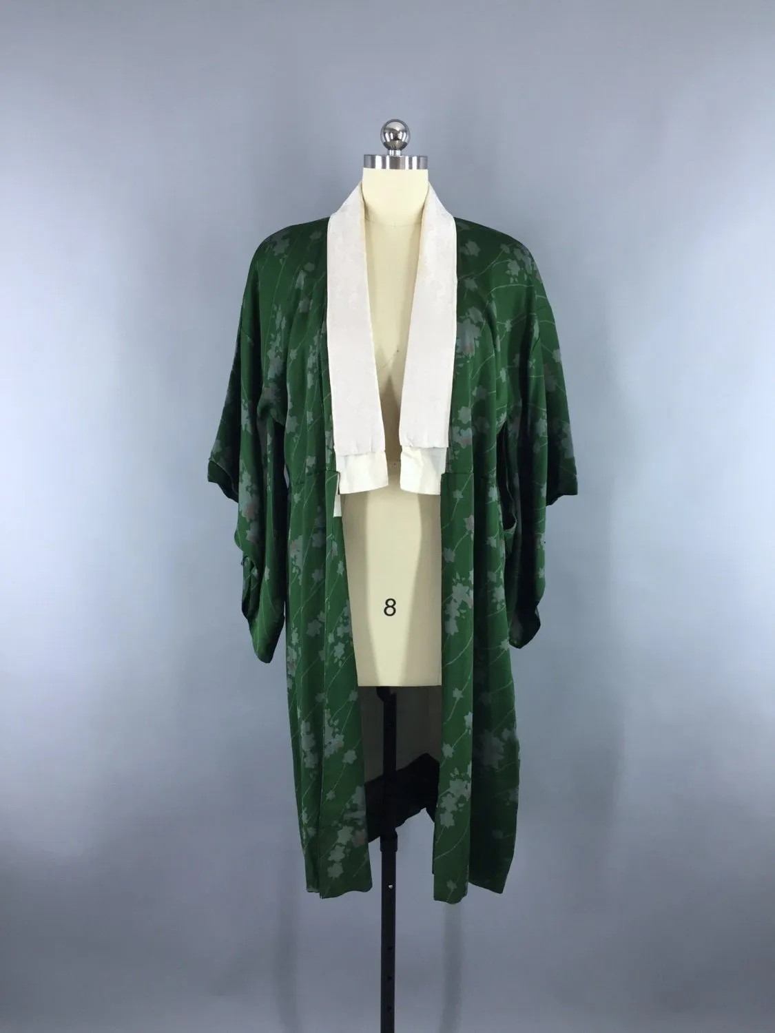 1940s Vintage Silk Kimono Robe in Dark Forest Green Floral Print