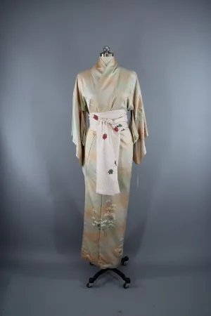 1950s Vintage Silk Kimono Robe / Tan & Green Ombre Floral