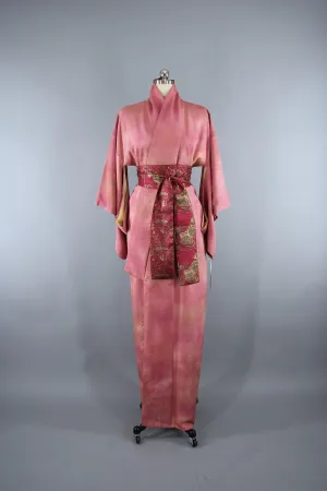 1960s Vintage Silk Kimono Robe in Ombre Pink Floral