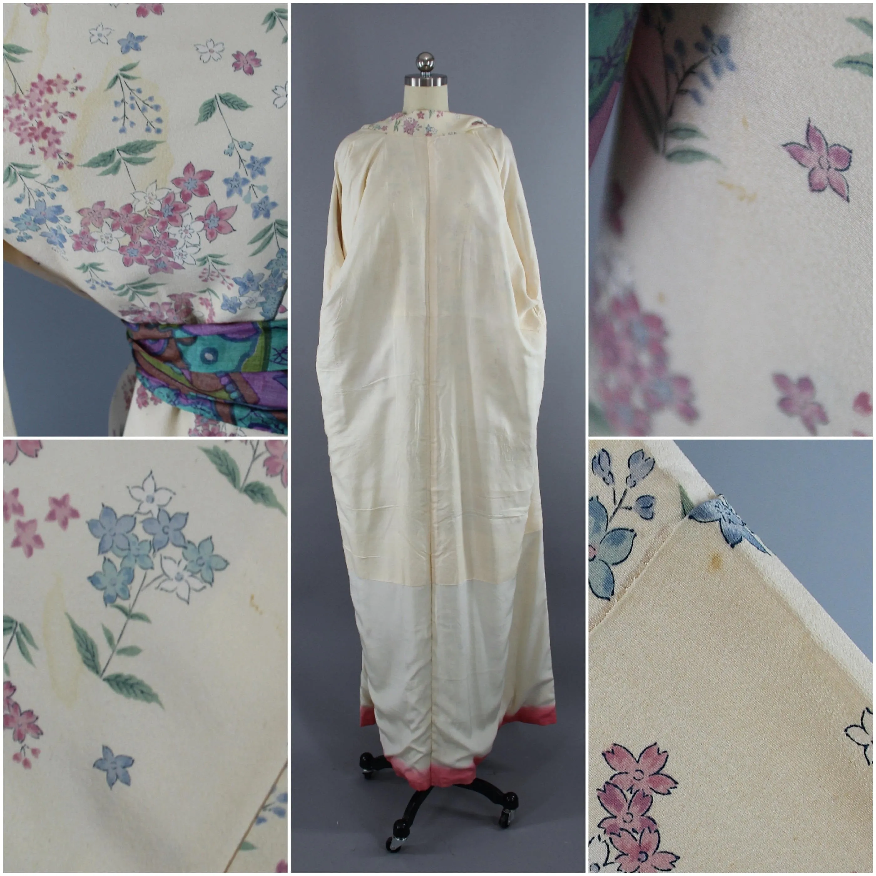 1960s Vintage Silk Kimono Robe / Ivory Pink Floral Print