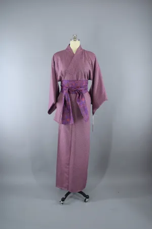 1970s Vintage Kimono Robe in Purple and White Tiny Floral Print