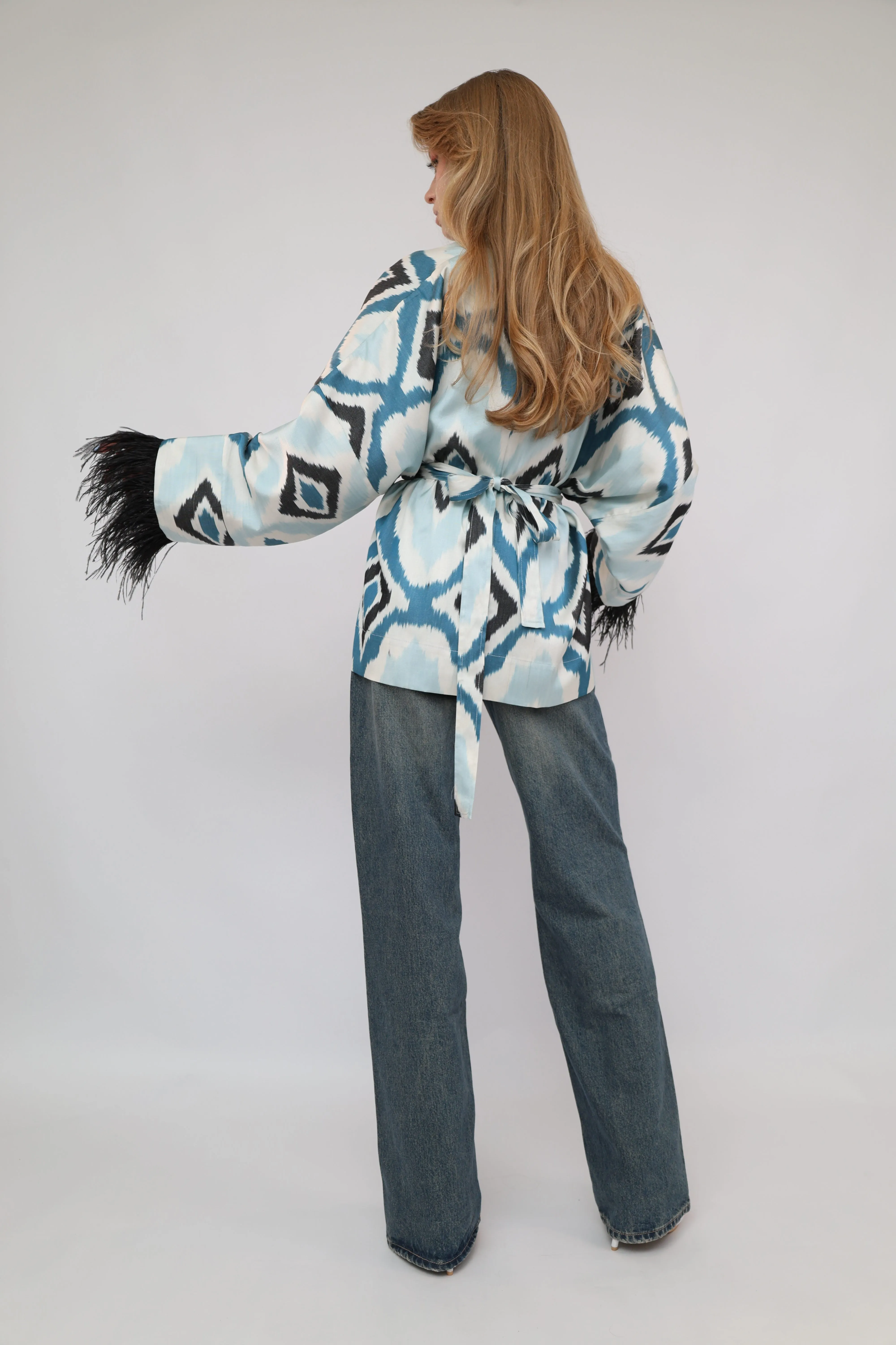 85% Silk Blue  Mini Kimono With Black Feathers
