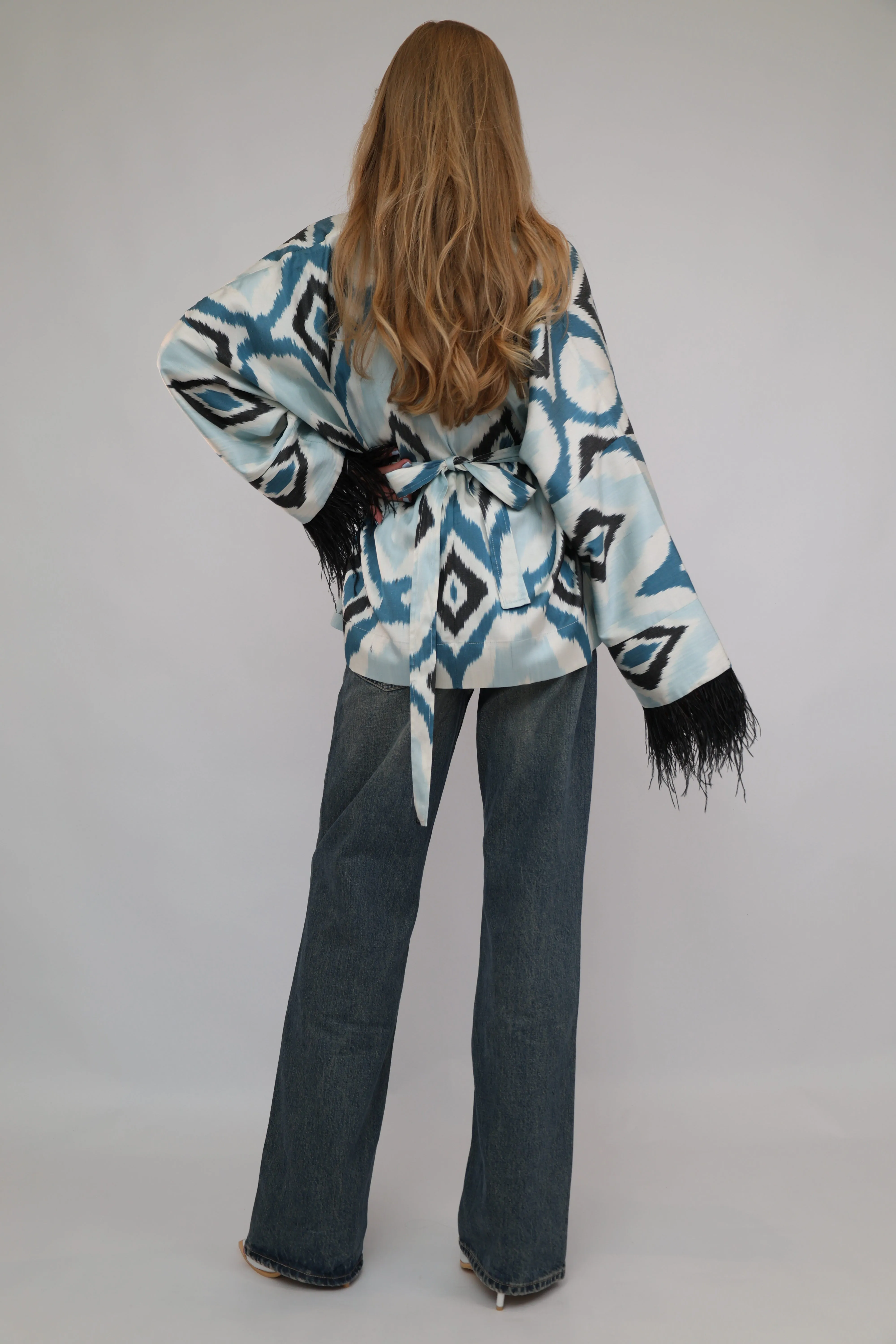 85% Silk Blue  Mini Kimono With Black Feathers