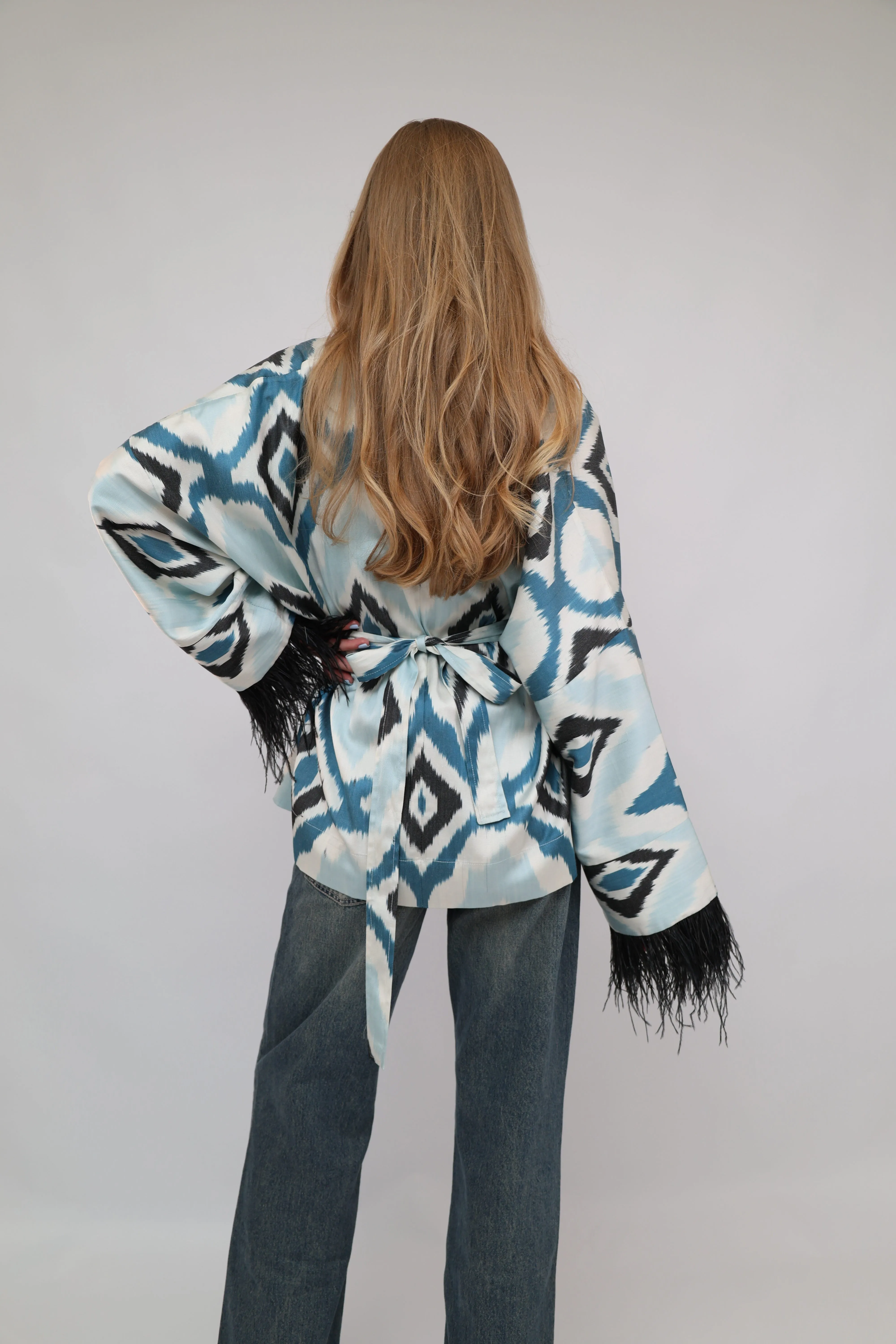 85% Silk Blue  Mini Kimono With Black Feathers