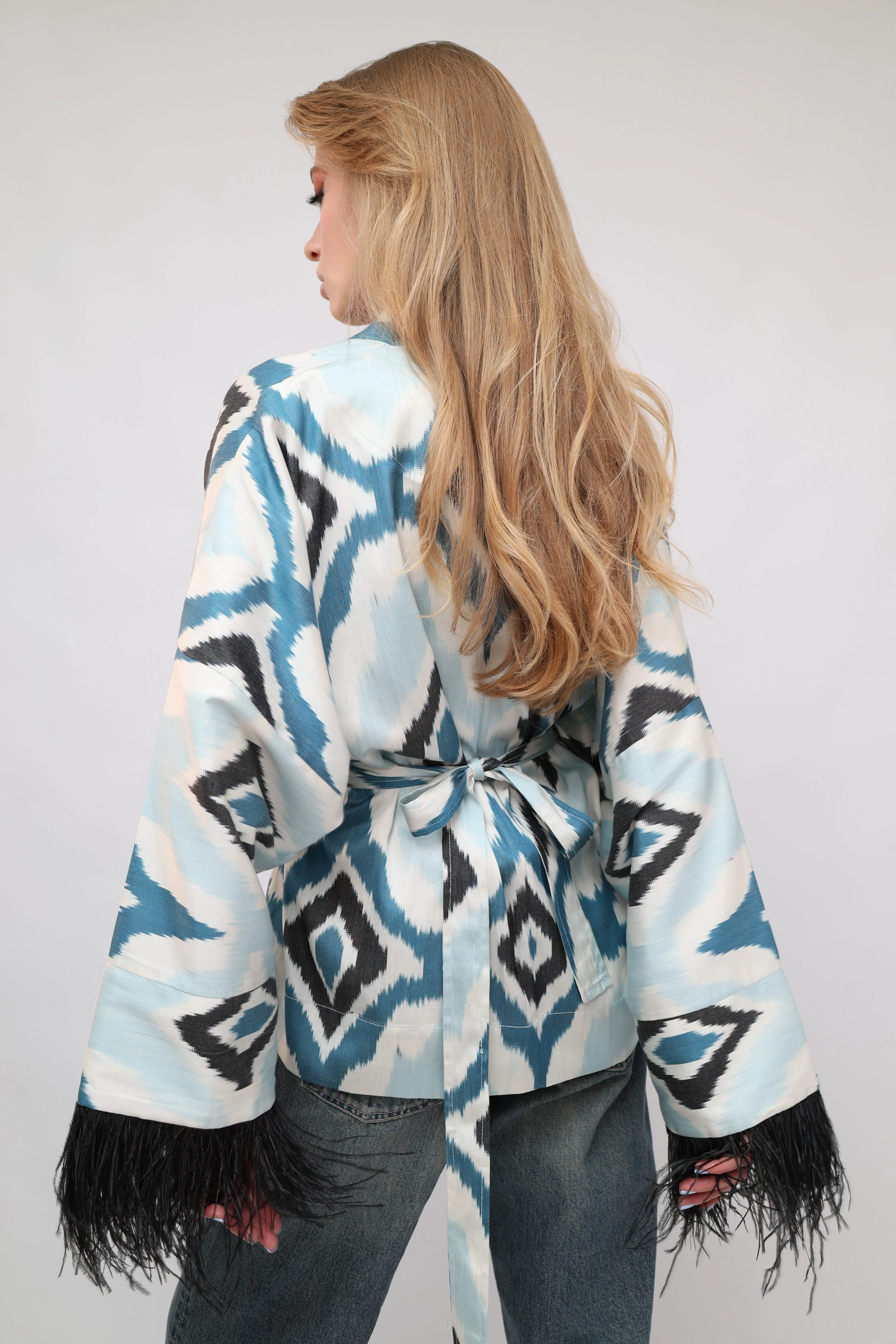 85% Silk Blue  Mini Kimono With Black Feathers
