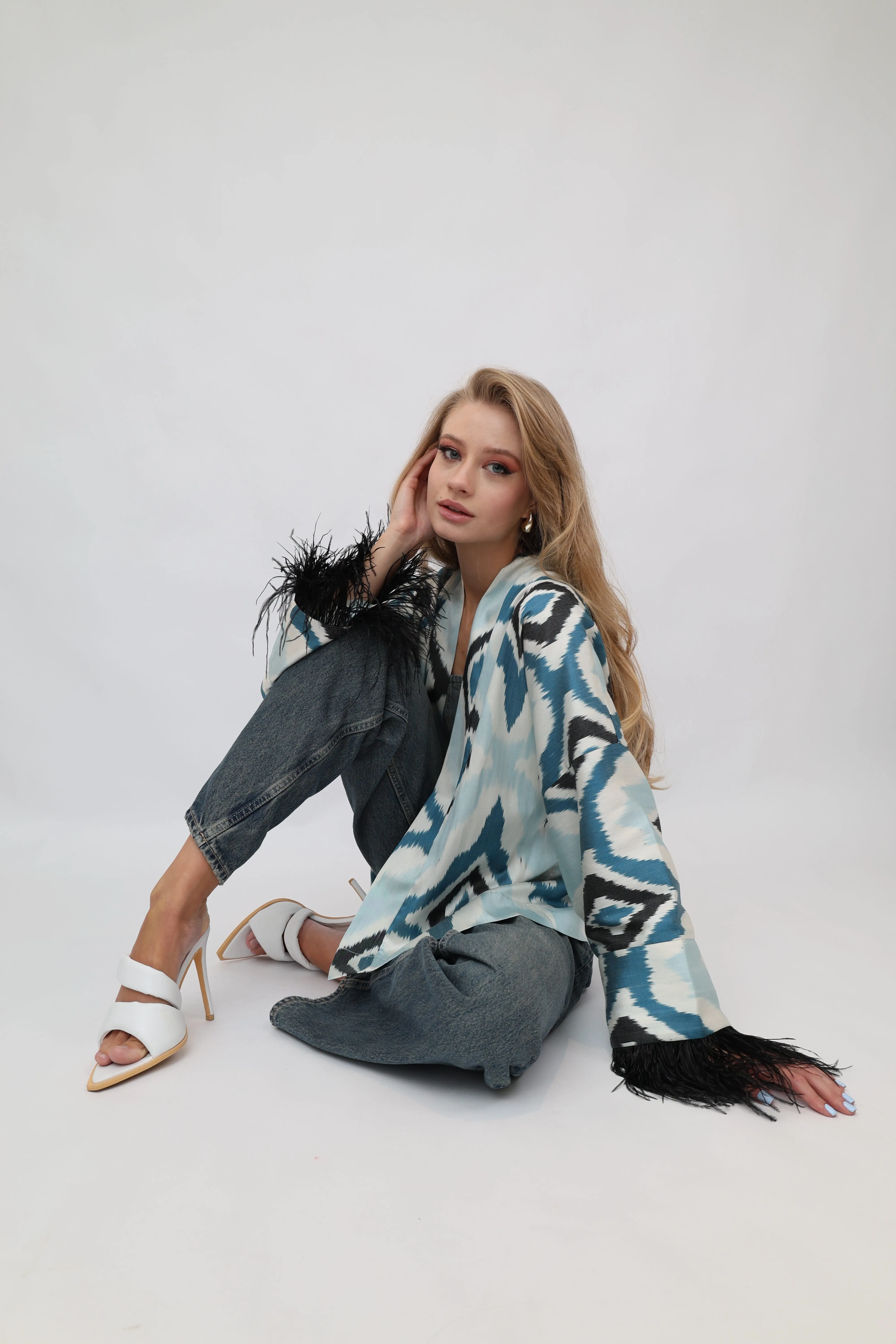 85% Silk Blue  Mini Kimono With Black Feathers