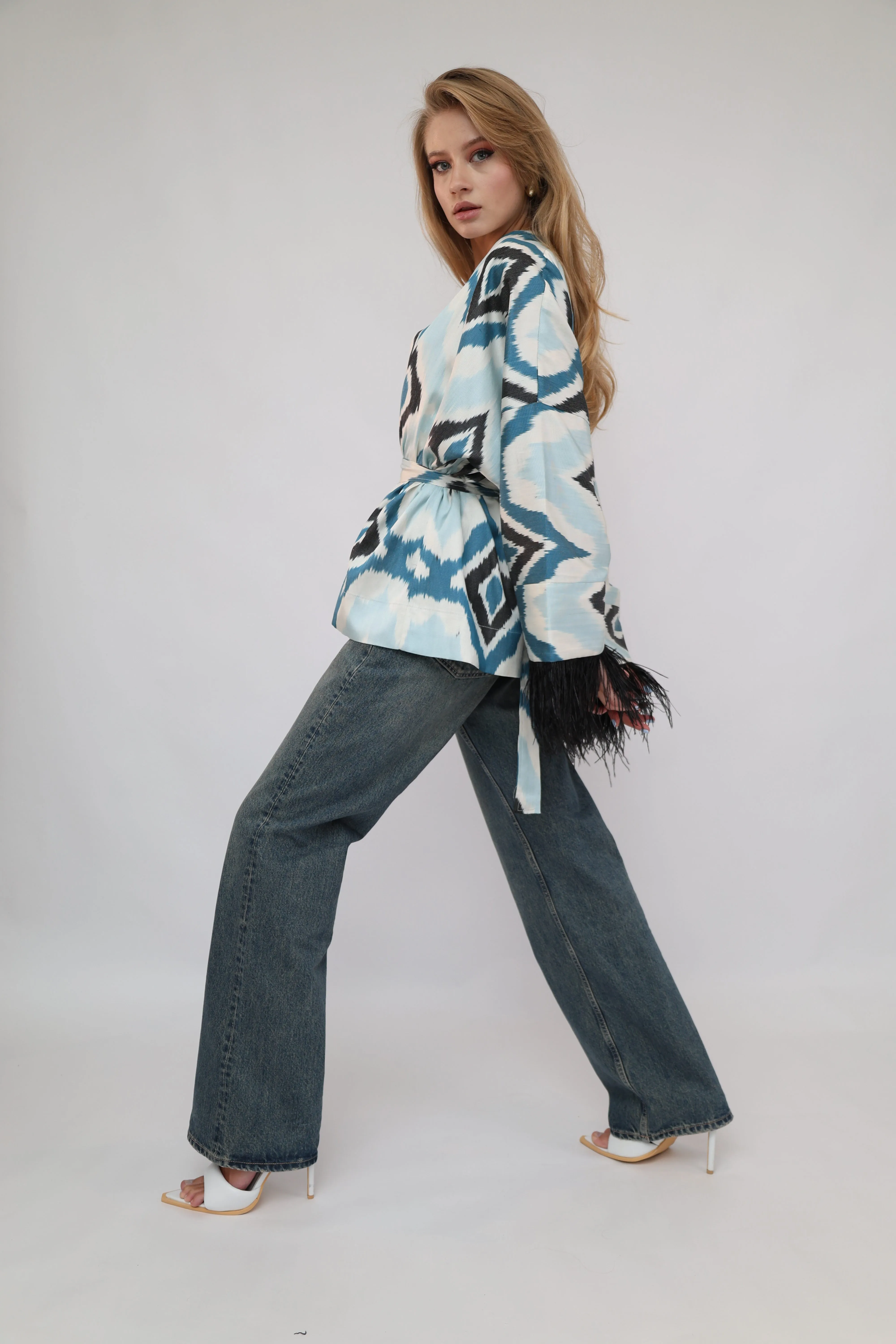 85% Silk Blue  Mini Kimono With Black Feathers