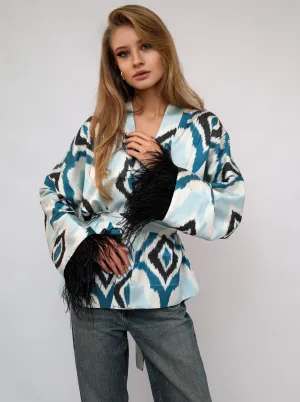 85% Silk Blue  Mini Kimono With Black Feathers