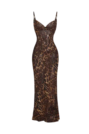 A&A Mesh Sheer Leopard Print Bodycon Maxi Dress