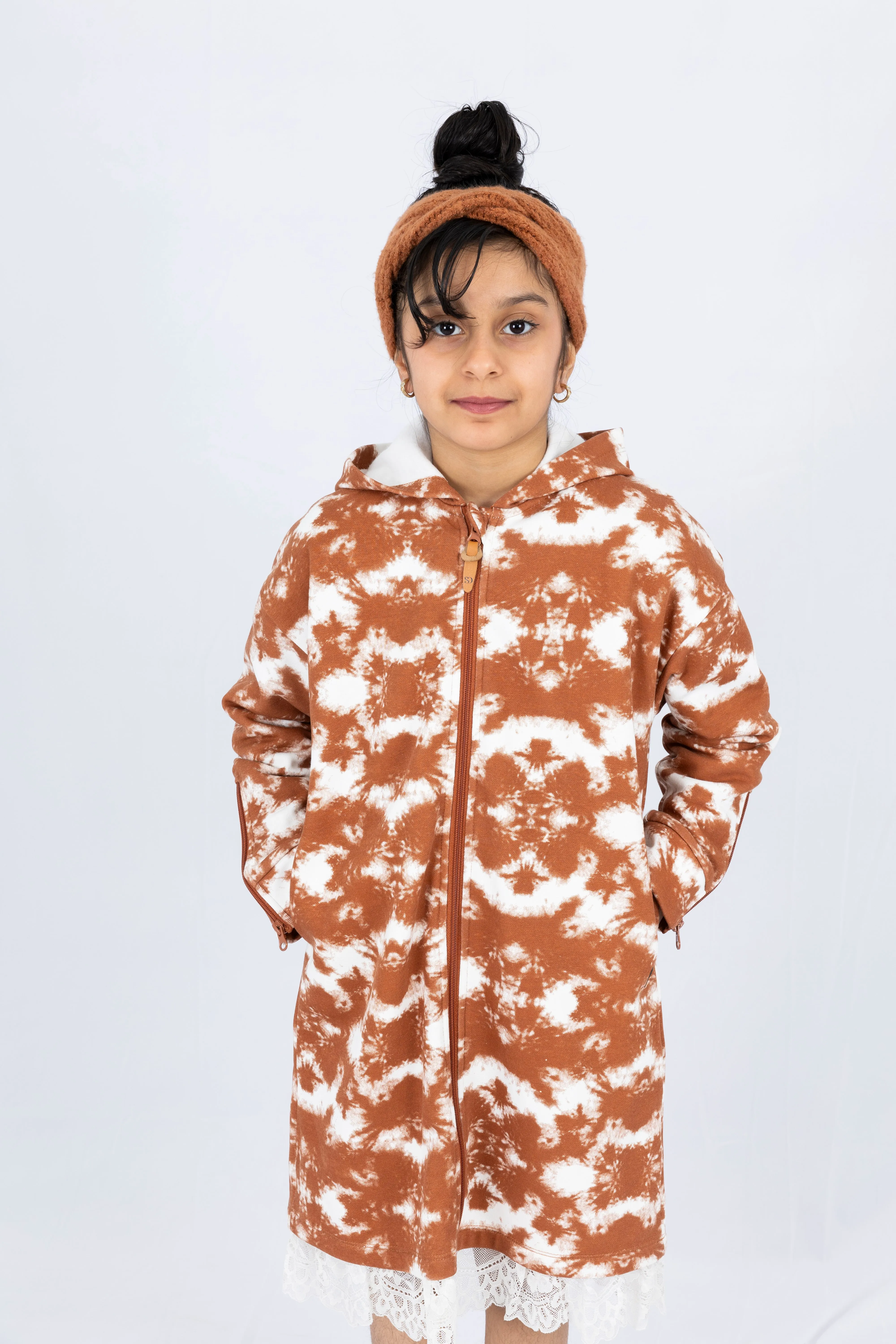 Adaptive Kids Tie-Dye Hoodie Sweatshirt Dress, Front Full Zipper and Easy-Undressing Sleeves