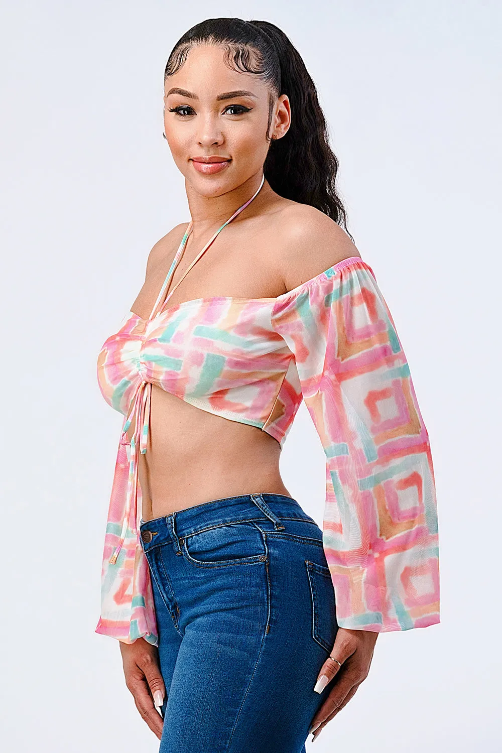 ARTISTIC PRINT OFF SHOULDER KNOT CROPPED TOP