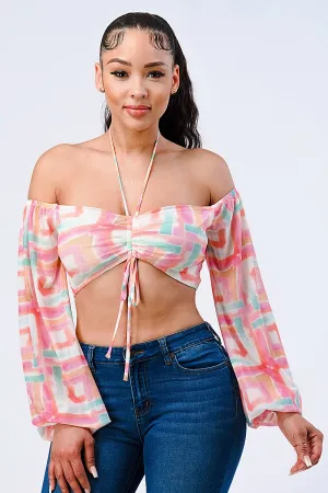 ARTISTIC PRINT OFF SHOULDER KNOT CROPPED TOP