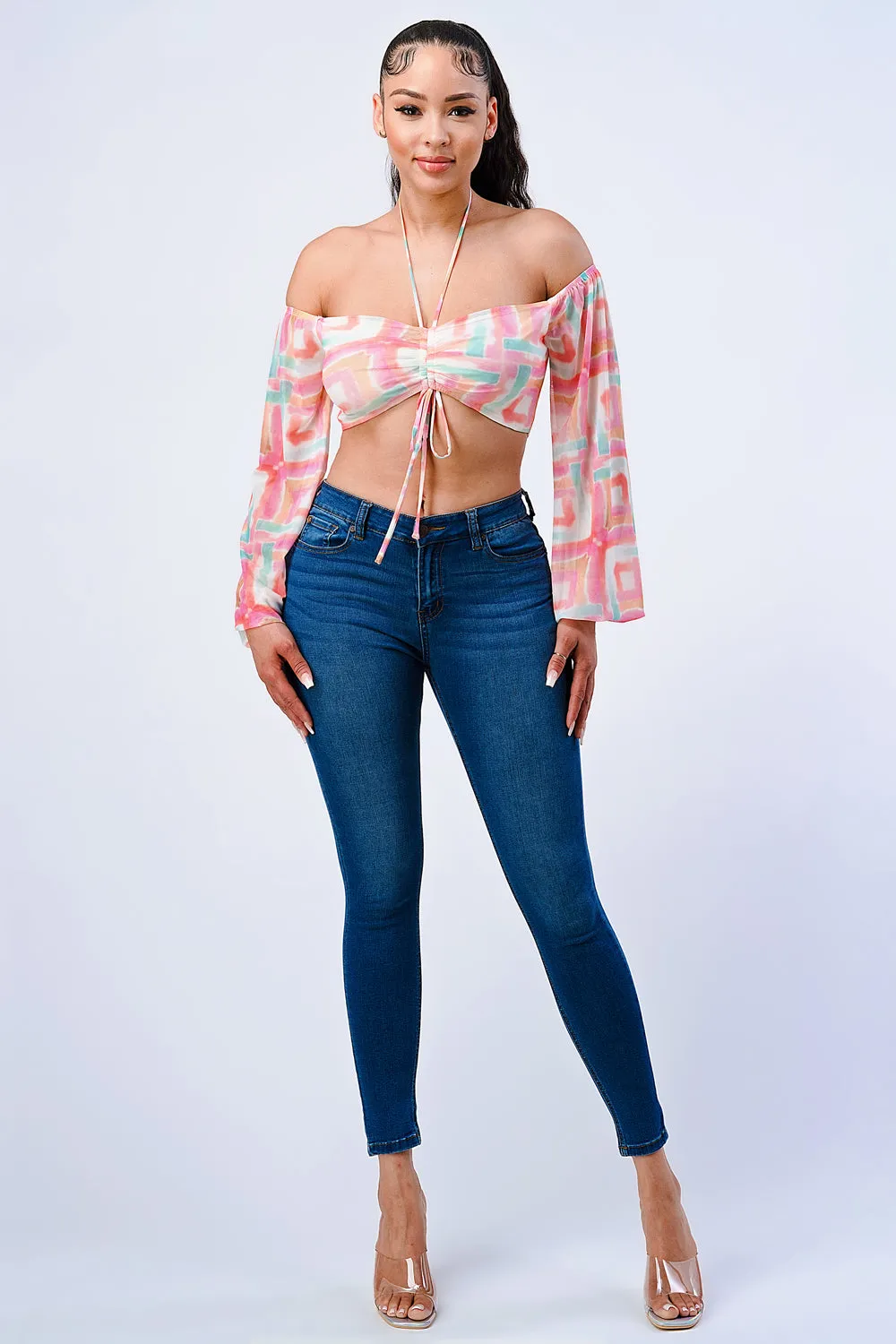 ARTISTIC PRINT OFF SHOULDER KNOT CROPPED TOP