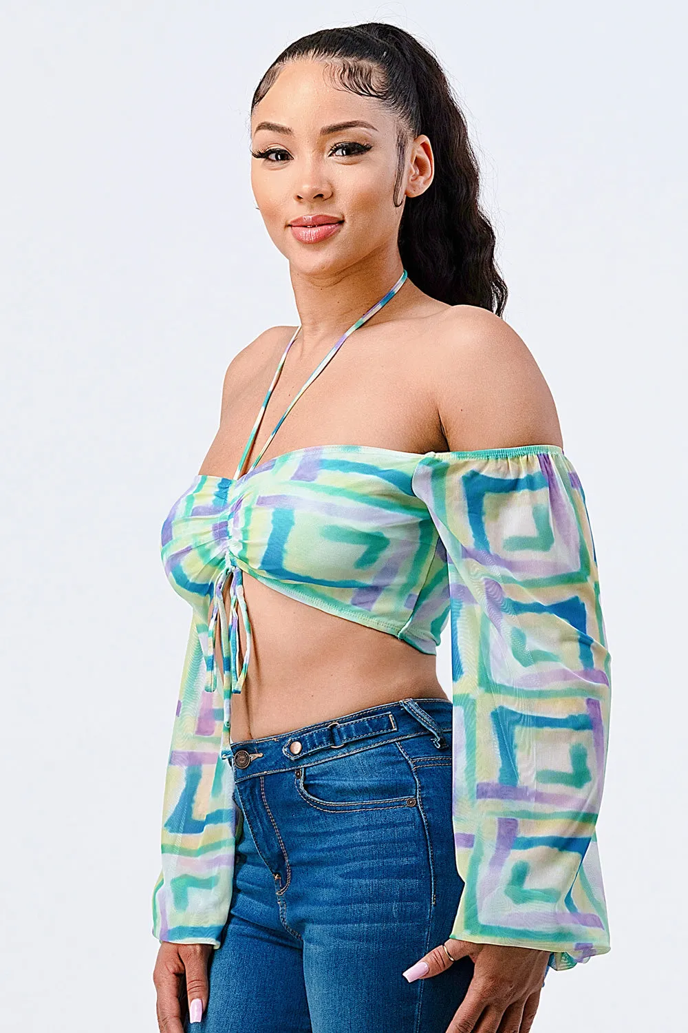ARTISTIC PRINT OFF SHOULDER KNOT CROPPED TOP