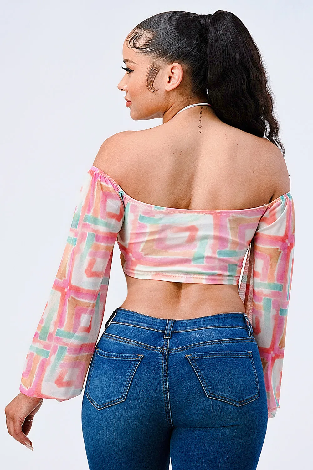 ARTISTIC PRINT OFF SHOULDER KNOT CROPPED TOP