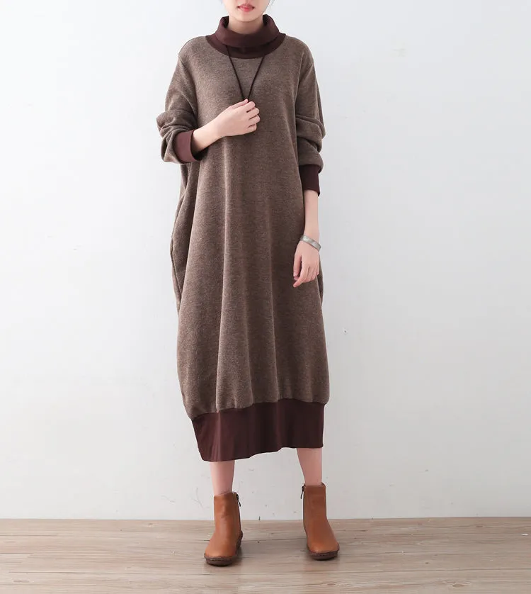 Autumn and winter new thickened cotton turtleneck medium-length loose plus size sweater cotton knit dress gown