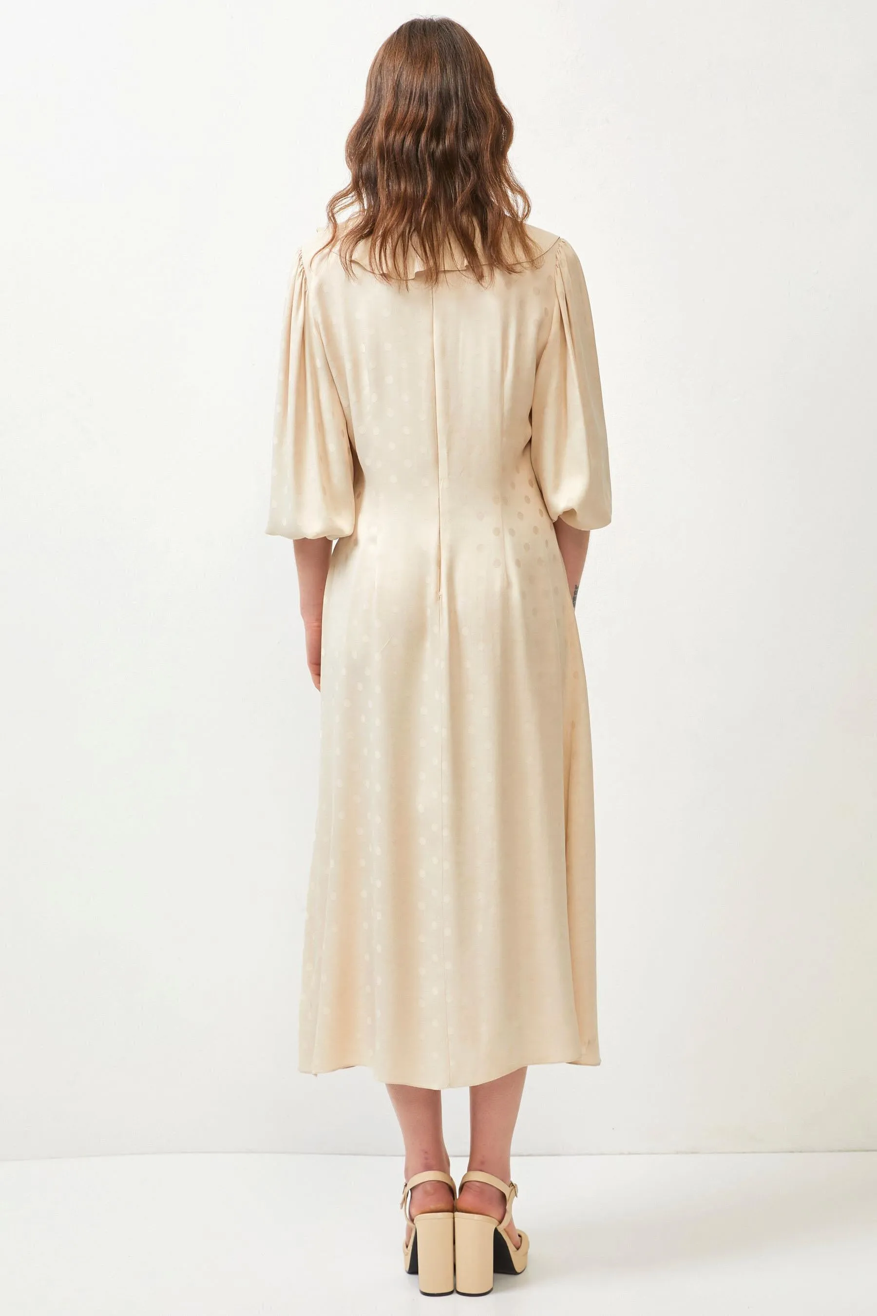 Beige Silky Ruffle Chain Detail Puff Sleeve Maxi Dress