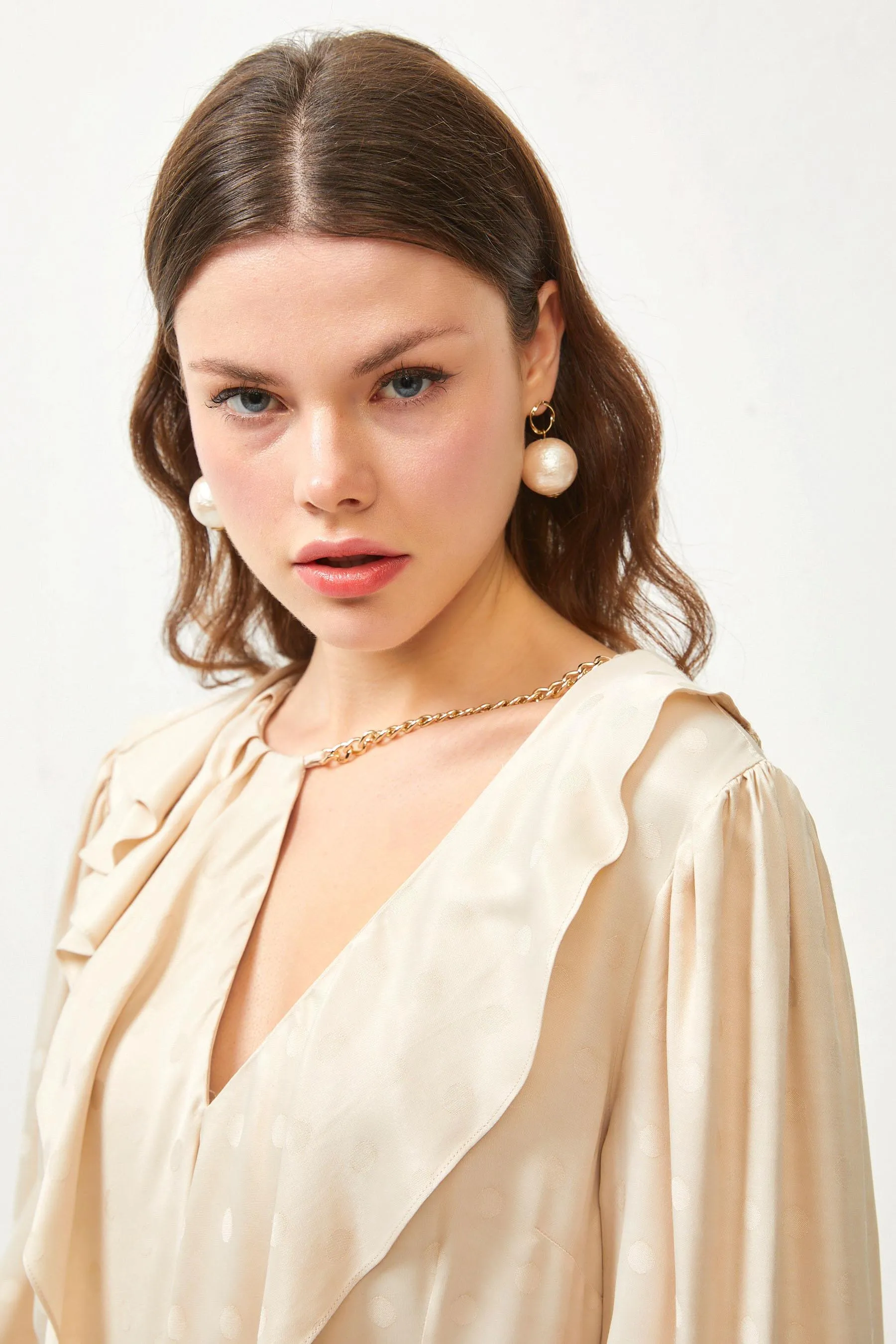 Beige Silky Ruffle Chain Detail Puff Sleeve Maxi Dress