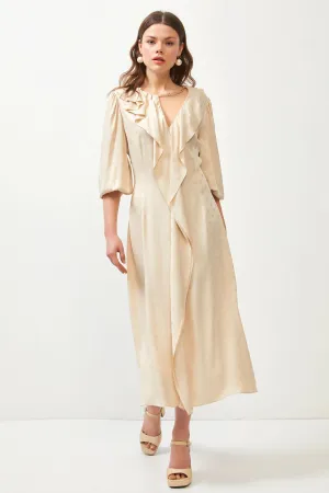 Beige Silky Ruffle Chain Detail Puff Sleeve Maxi Dress