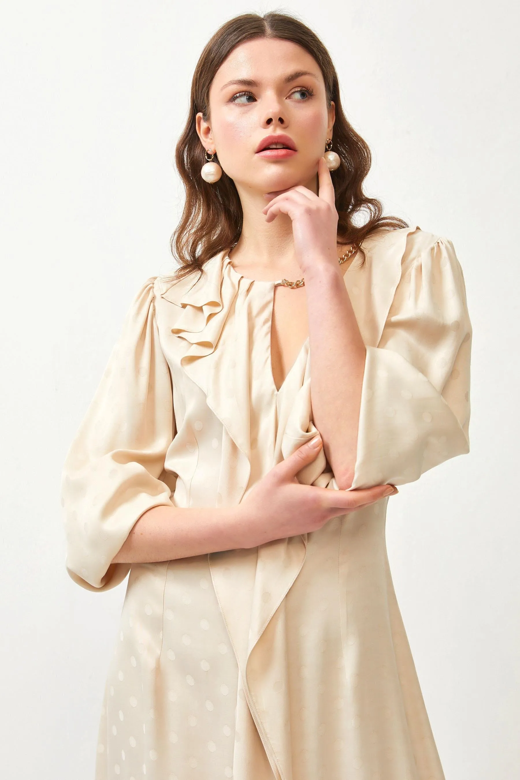 Beige Silky Ruffle Chain Detail Puff Sleeve Maxi Dress