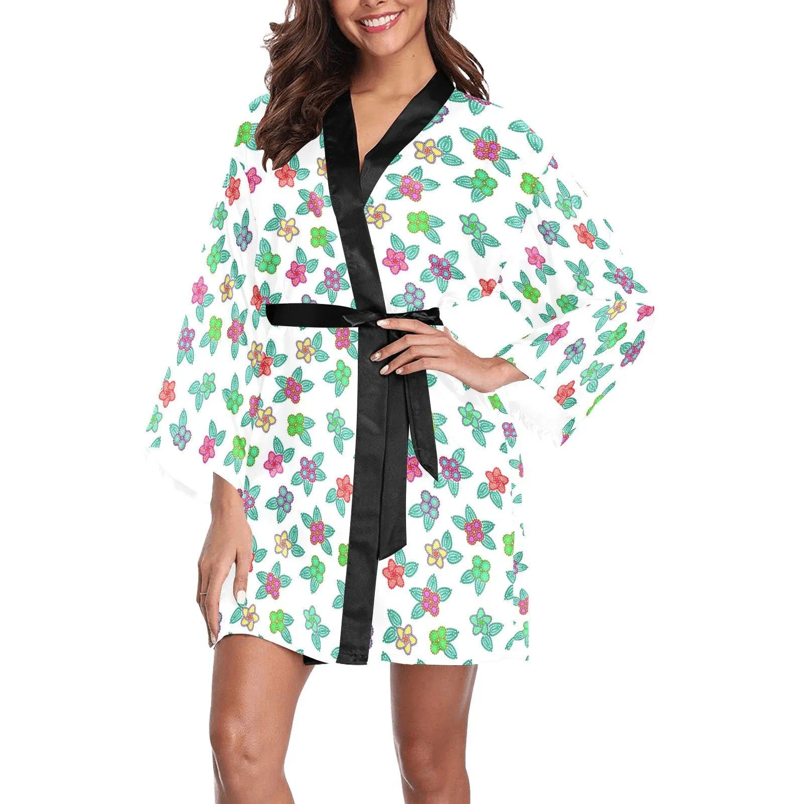 Berry Flowers White Long Sleeve Satin Robe