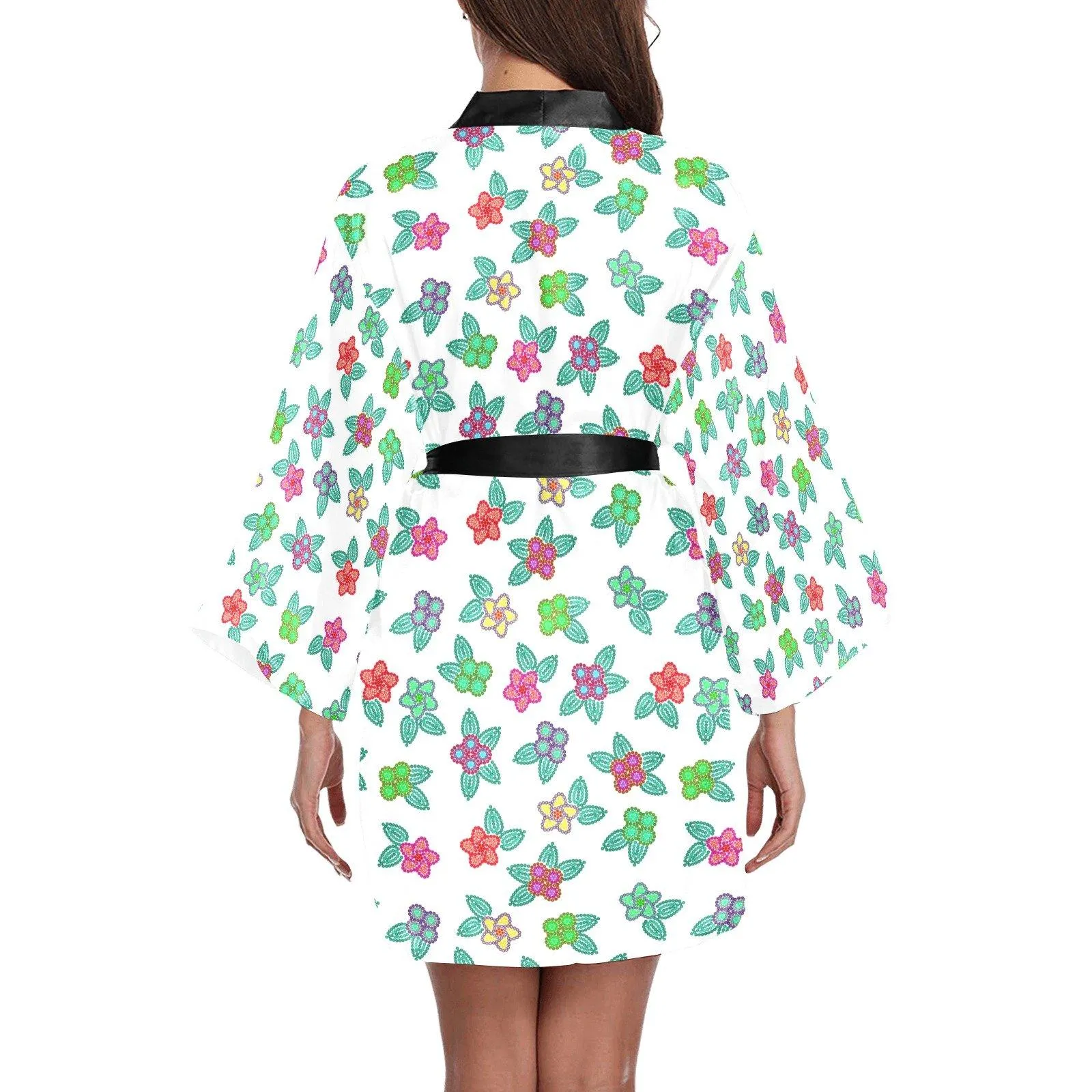 Berry Flowers White Long Sleeve Satin Robe