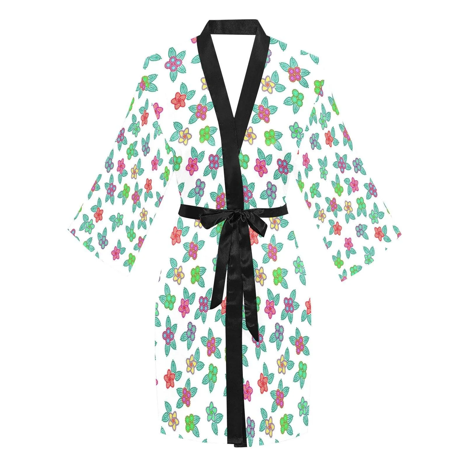 Berry Flowers White Long Sleeve Satin Robe