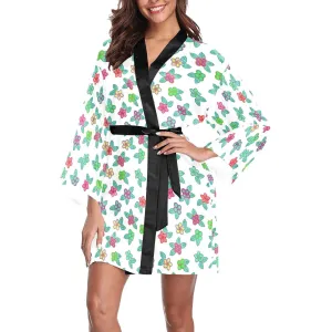 Berry Flowers White Long Sleeve Satin Robe