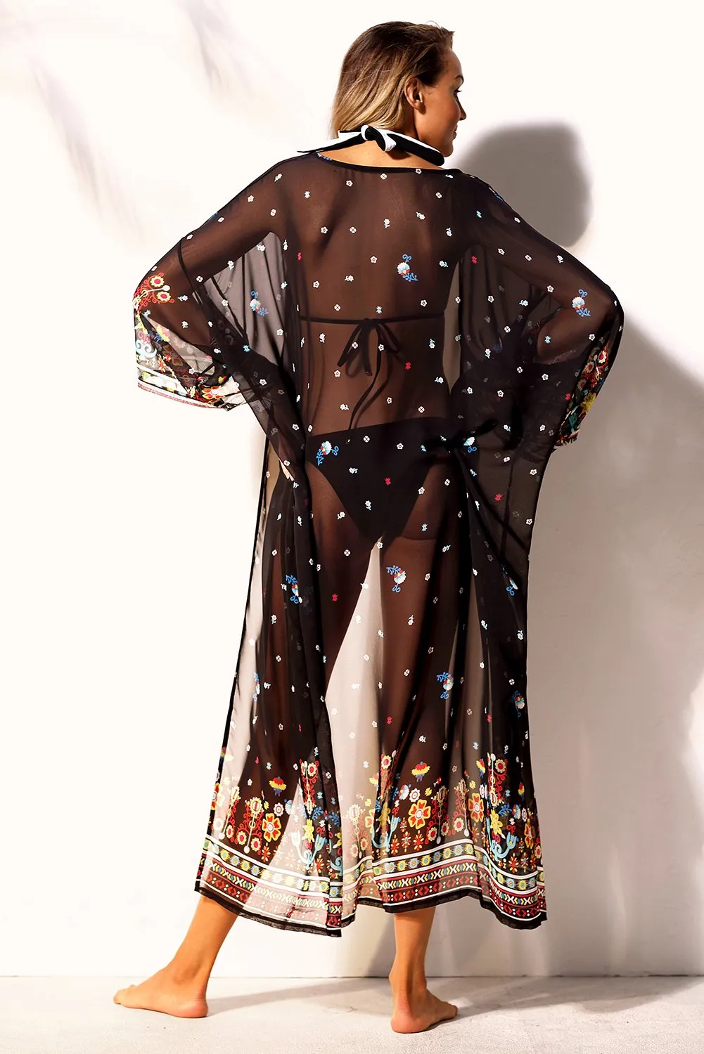 Black Floral Print Long Beach Kimono