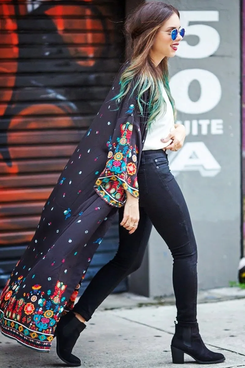 Black Floral Print Long Beach Kimono