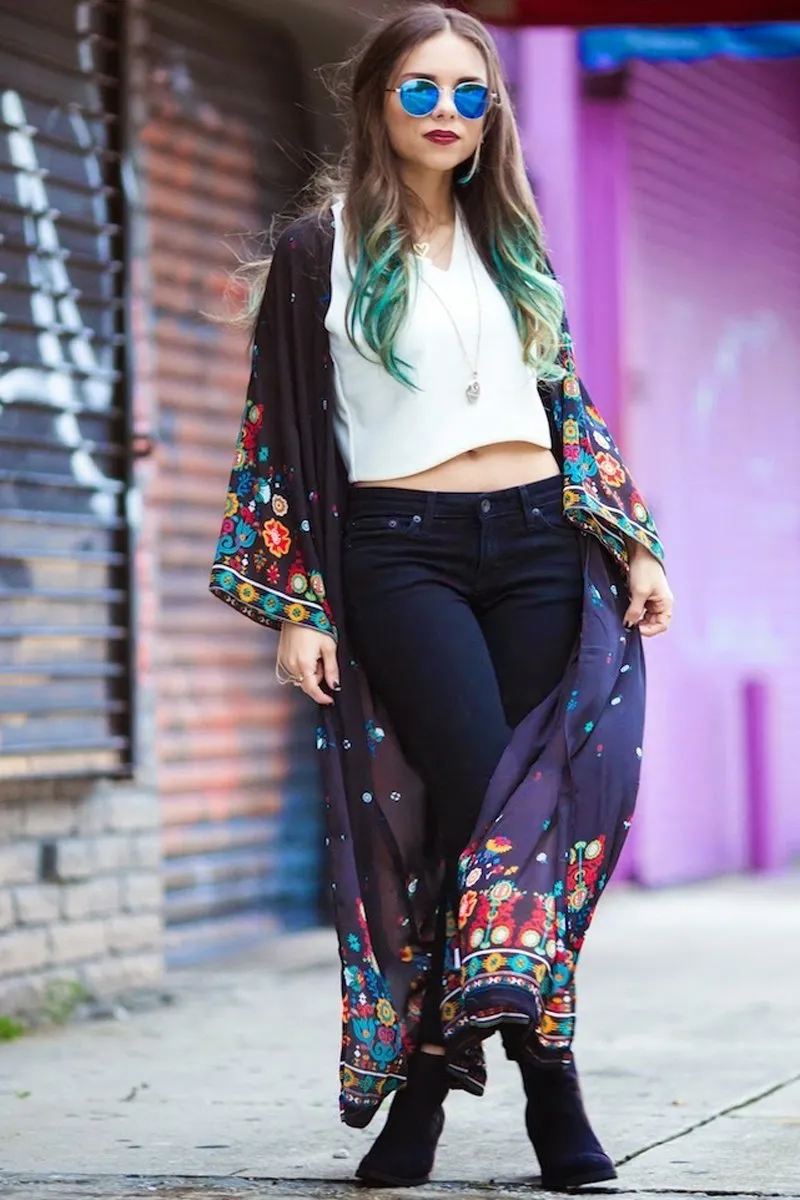 Black Floral Print Long Beach Kimono