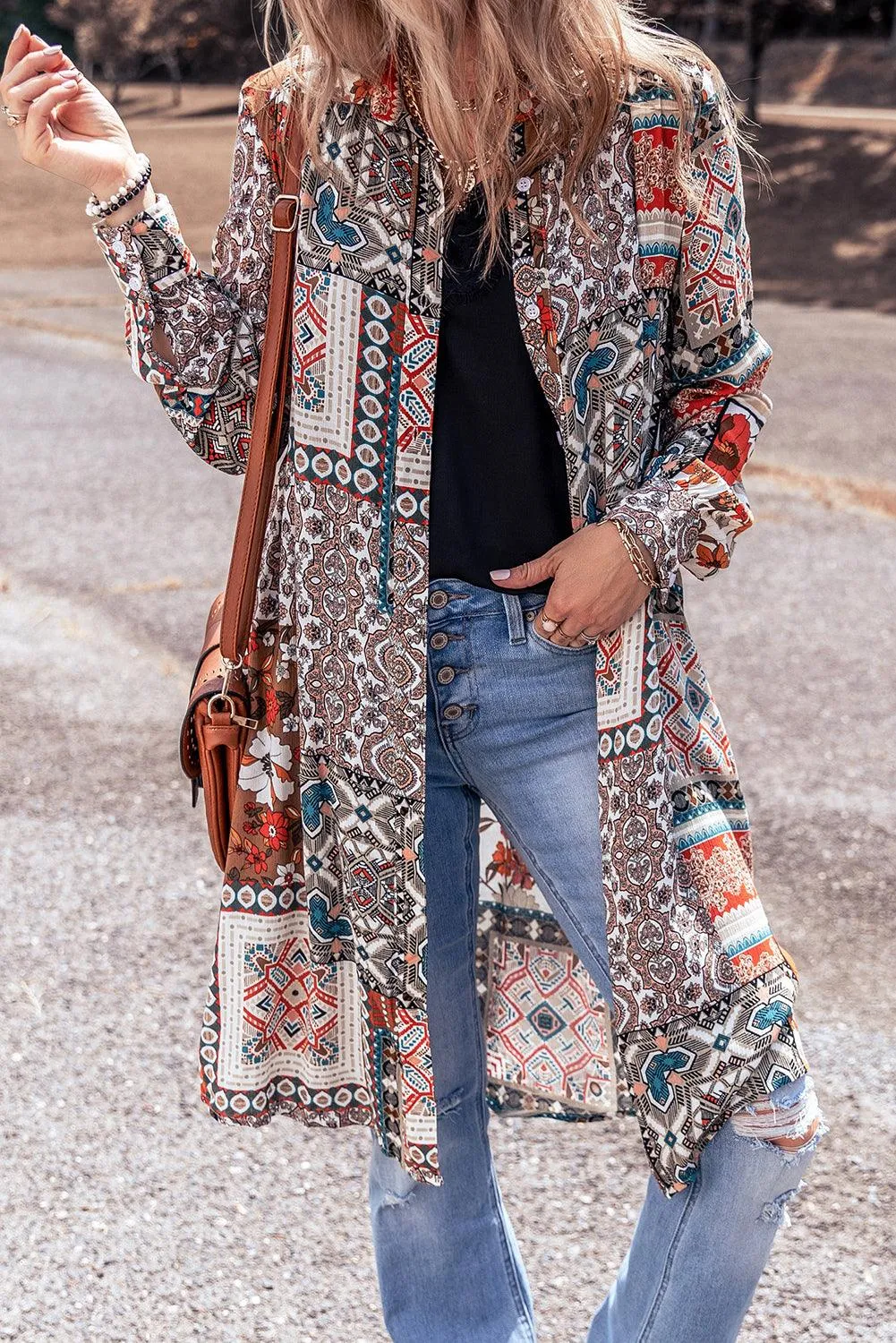 Boho Mix Print Long Kimono Cardigan for Women