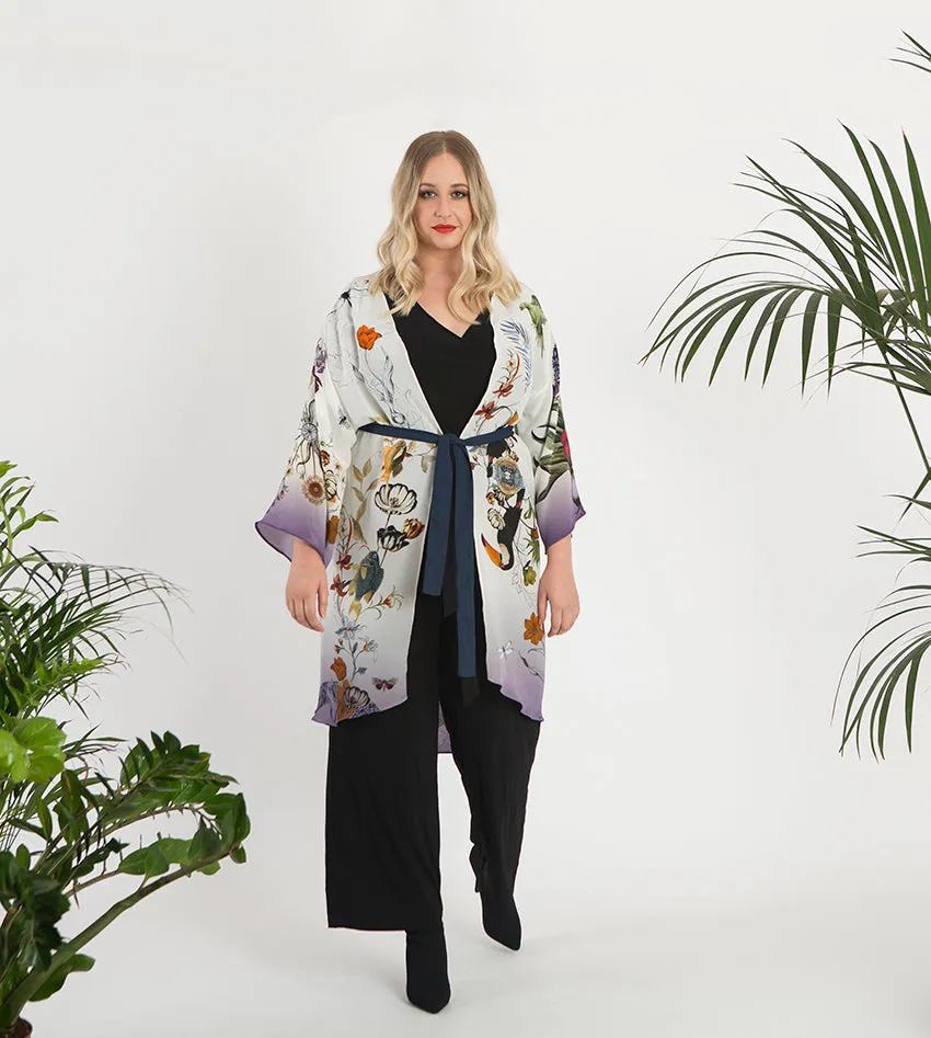 Cream 'Evolution' Silk Kimono Jacket size L/XL with unique botanical illustrations- luxury lounging or evening wear
