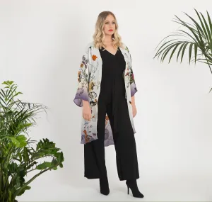 Cream 'Evolution' Silk Kimono Jacket size L/XL with unique botanical illustrations- luxury lounging or evening wear