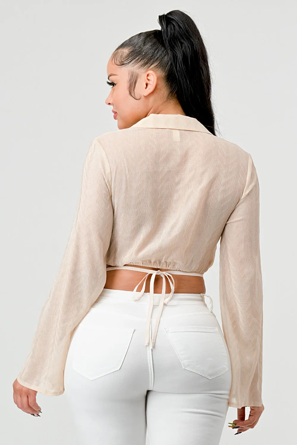 CRINKLED SATIN DRAWSTRING CROPPED SHIRT TOP