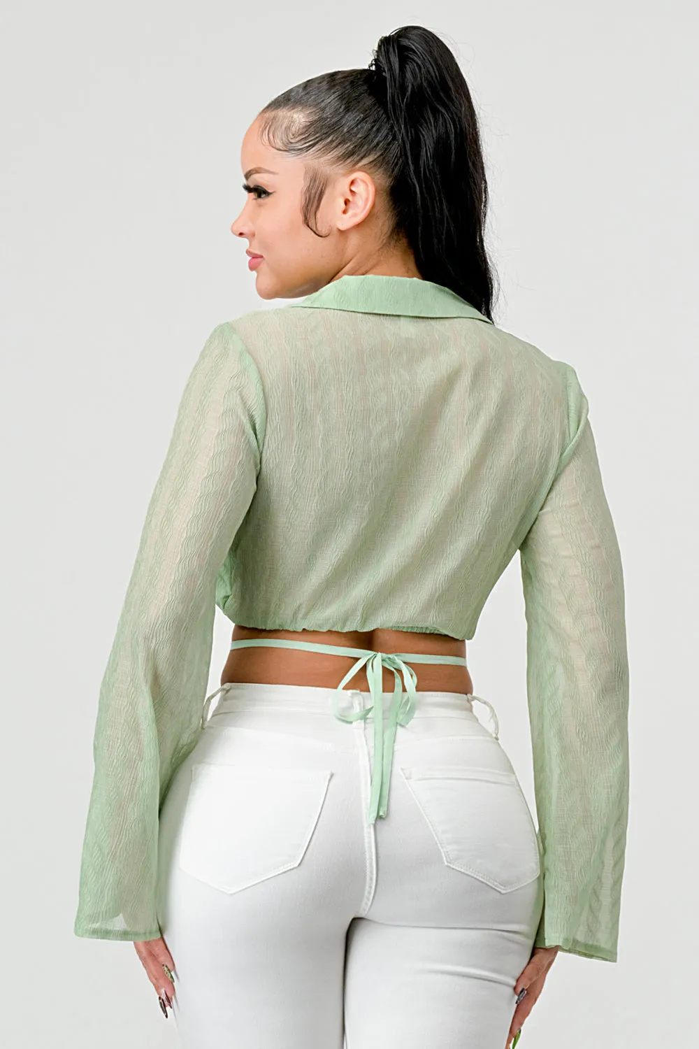 CRINKLED SATIN DRAWSTRING CROPPED SHIRT TOP