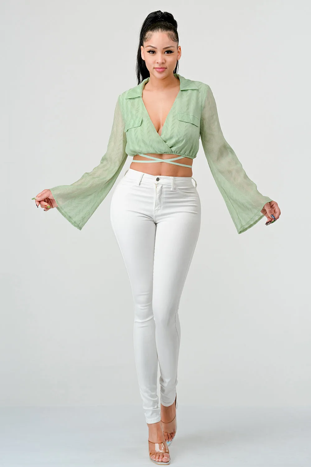 CRINKLED SATIN DRAWSTRING CROPPED SHIRT TOP