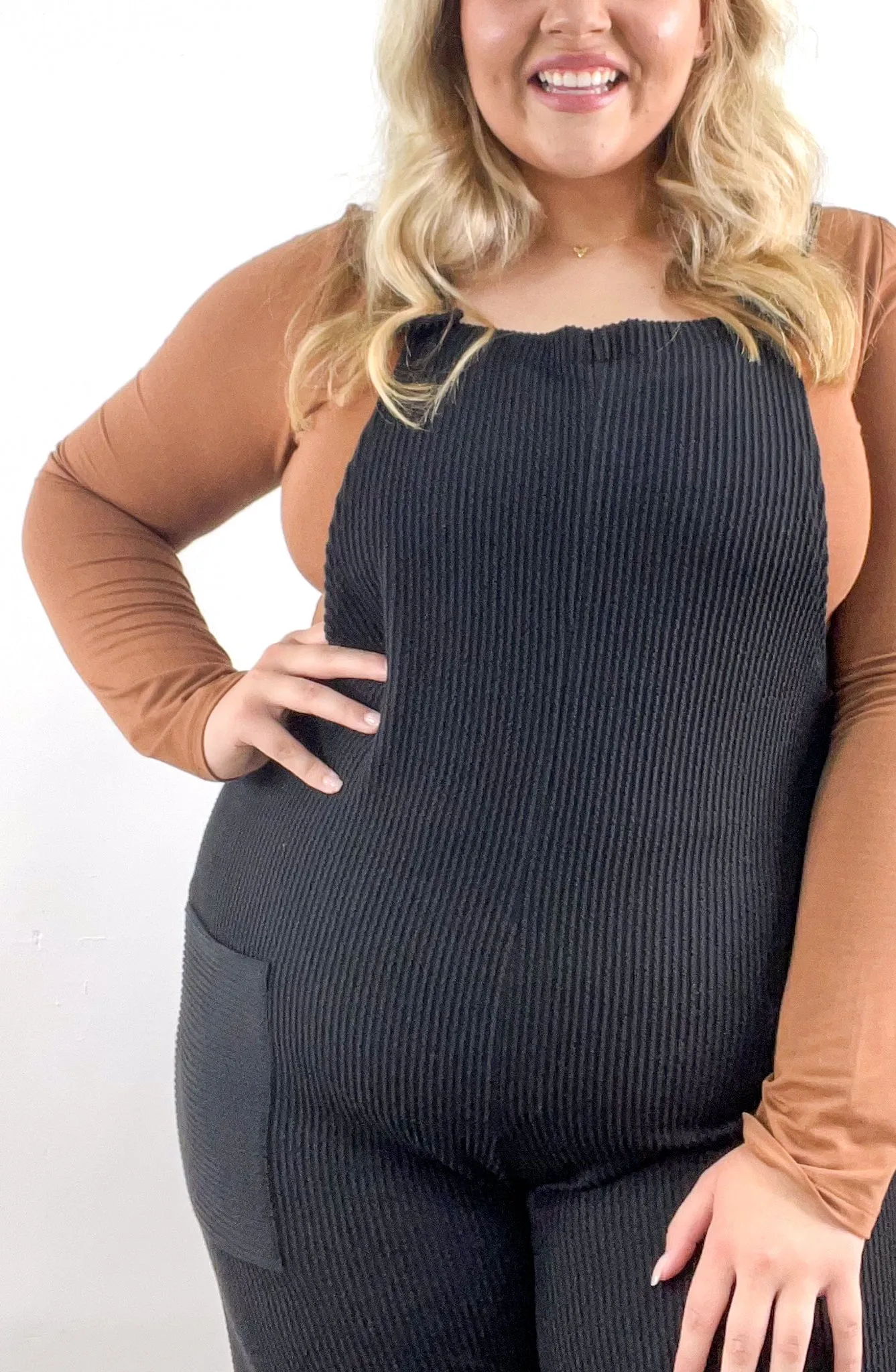 Curvy Soft Textured Ribbed Overall Jumpsuit