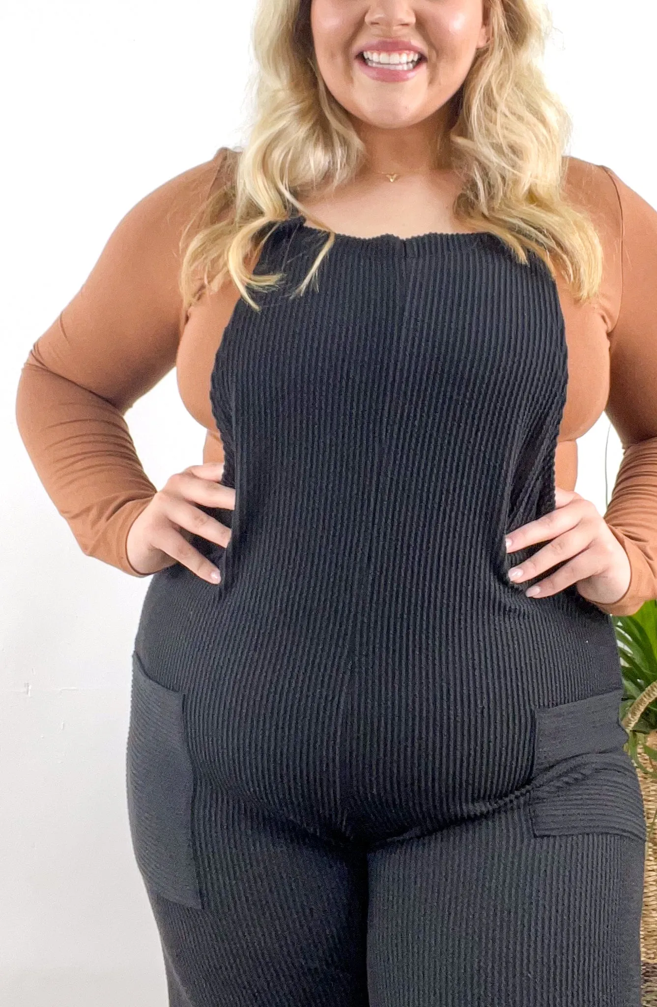Curvy Soft Textured Ribbed Overall Jumpsuit