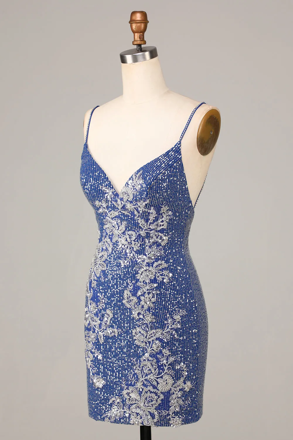Dark Blue Sparkly Sheath Spaghetti Straps Short Homecoming Dress with Sequins