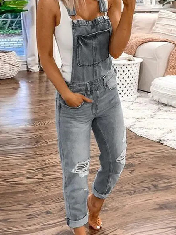 Distressed Denim Shoulder Straps Overall