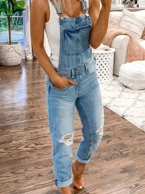Distressed Denim Shoulder Straps Overall