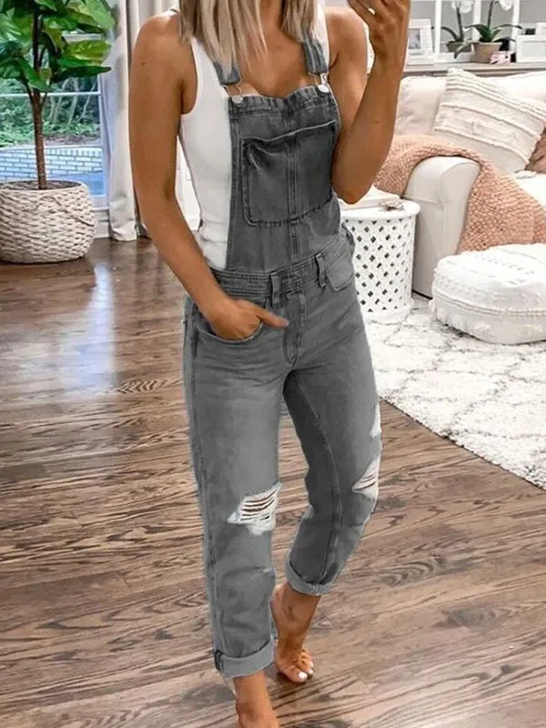 Distressed Denim Shoulder Straps Overall