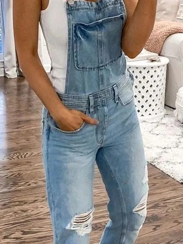 Distressed Denim Shoulder Straps Overall