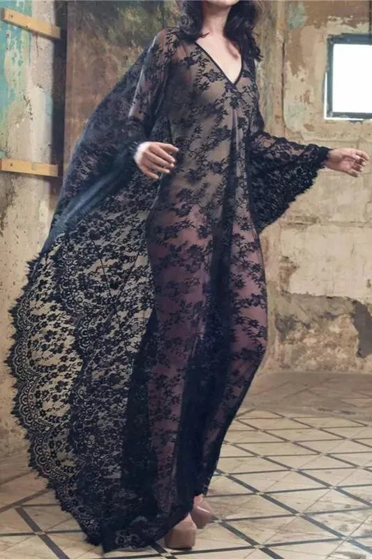 ESMERALDA BLACK EYELASH LACE MAXI KIMONO